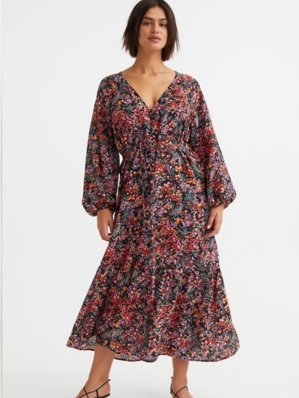 H&M Black Floral V-Neck Long Sleeve Midi Dress